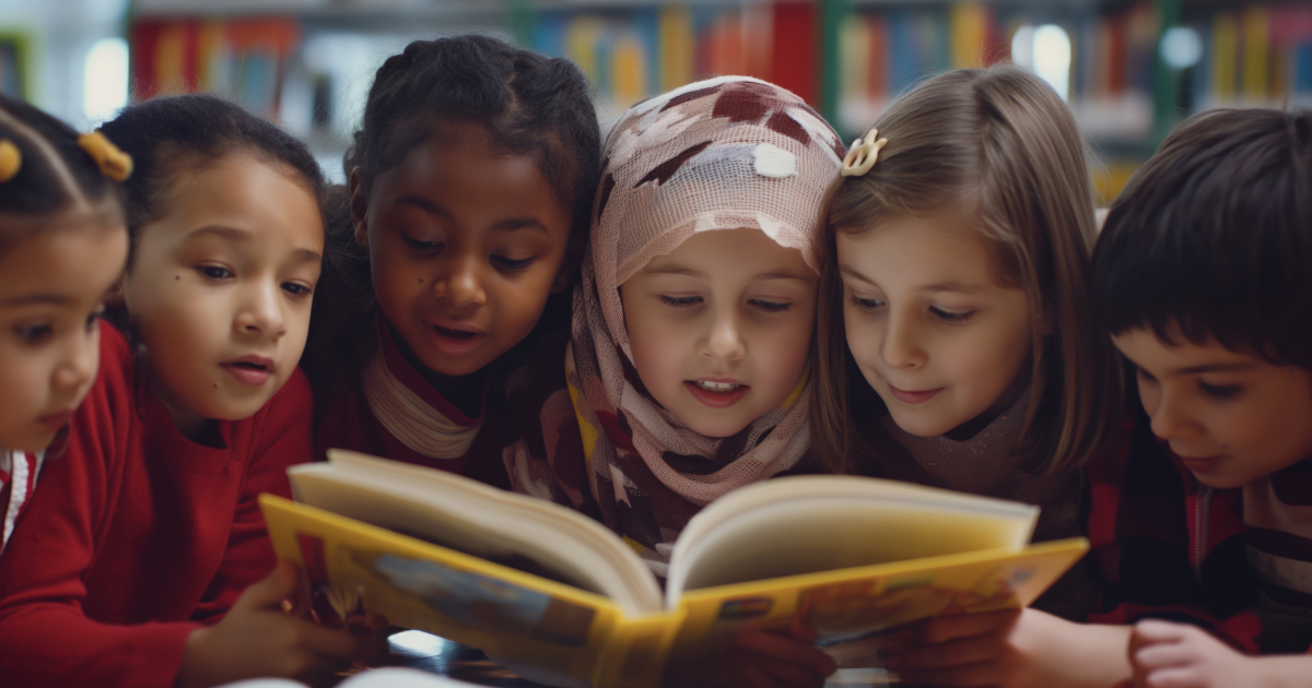 Six children of different ethnicities read one book